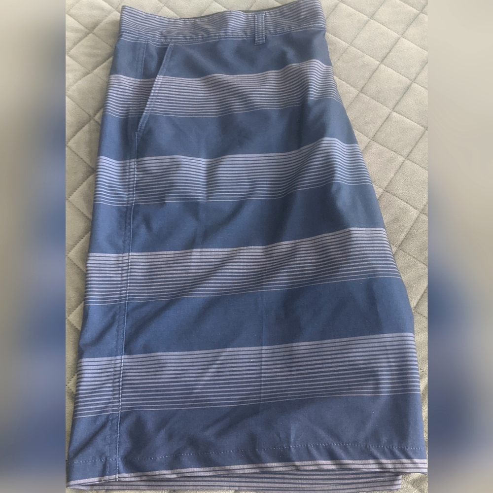 OP Shorts Mens Swim Trunks Board Shorts Blue Stripe Unlined Flat Front